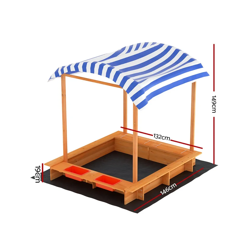 146cm Kids Sandpit Wooden Sandbox Sand Pit with Canopy Water Basin Toys