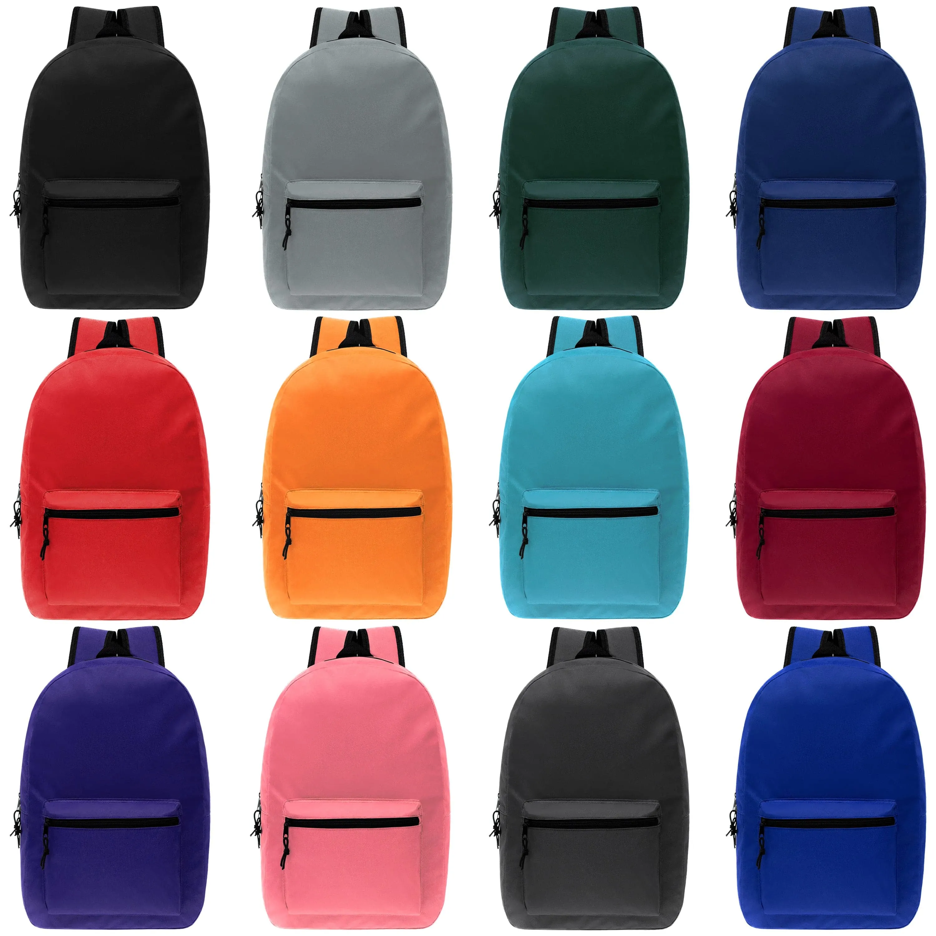 15" Kids Basic Wholesale Backpack in 12 Colors- Bulk Case of 24