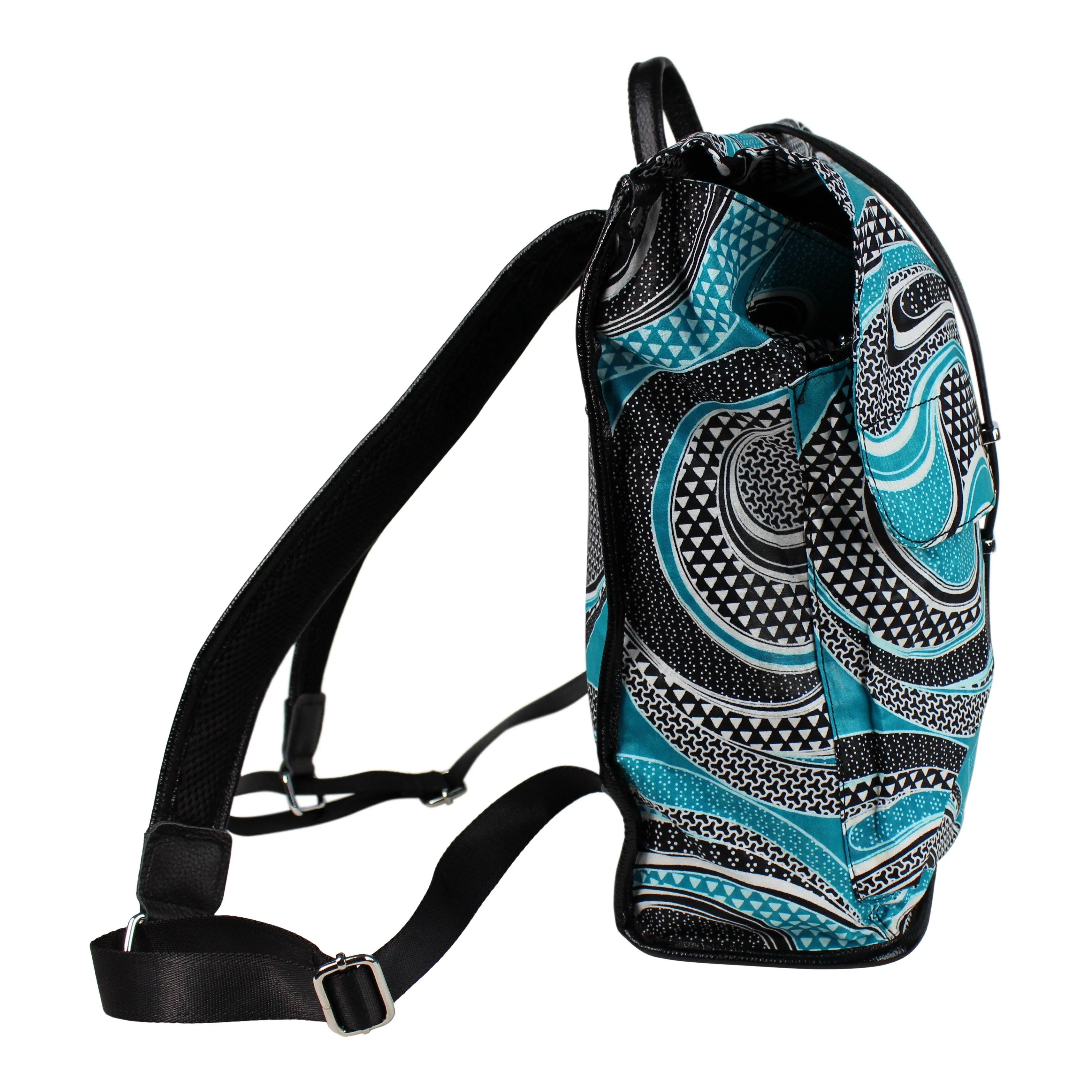 African Print Backpack - Blue Aqua / White