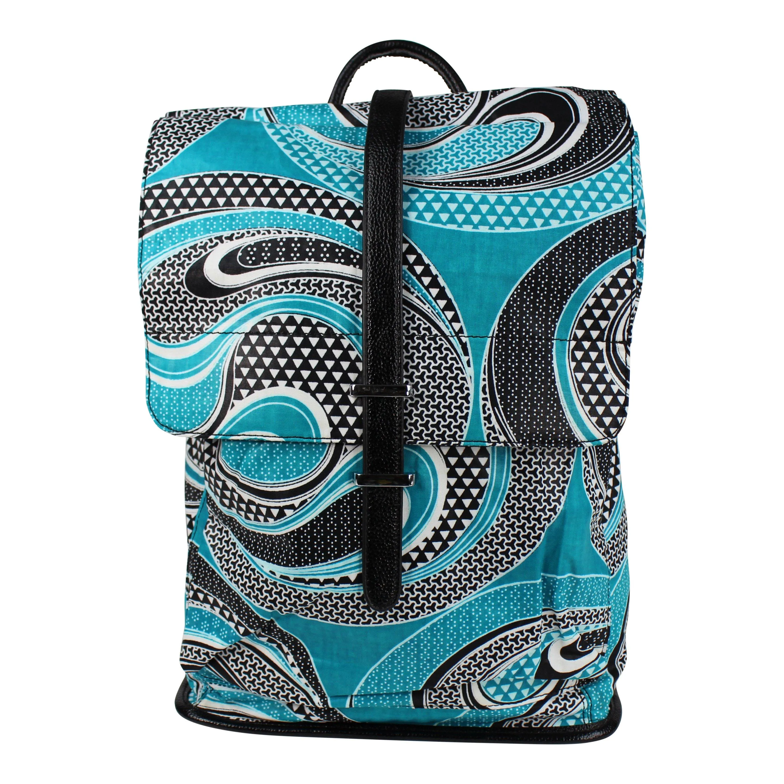 African Print Backpack - Blue Aqua / White