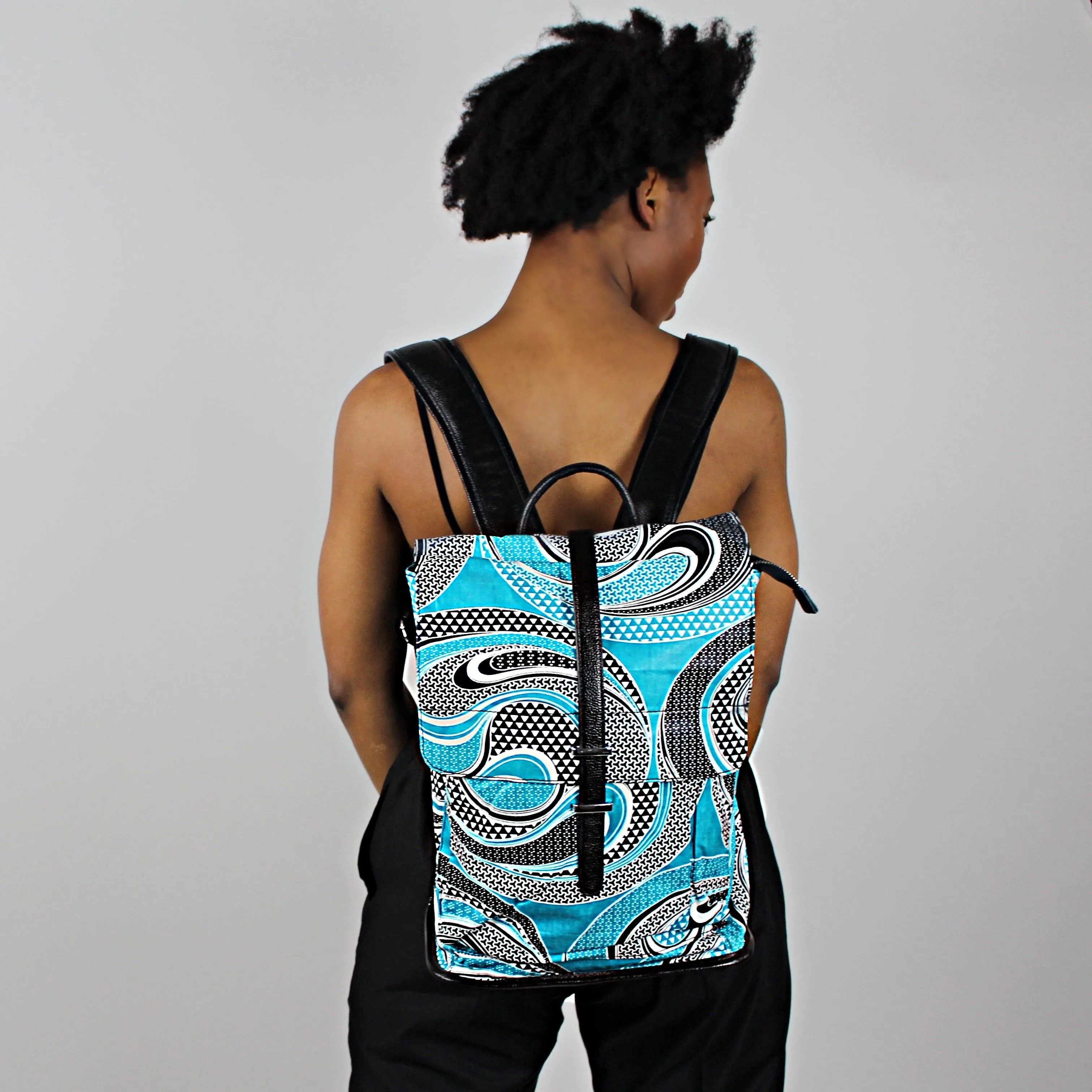 African Print Backpack - Blue Aqua / White