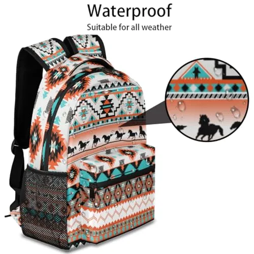 Aztec Backpack for School, Ethnic Western Style Running Horse Laptop Backpack Water Resistant Bookbag for Casual Travel Hiking Camping Outdoor Daypack Shoulder Bag for Teenager Boys Girls Kids