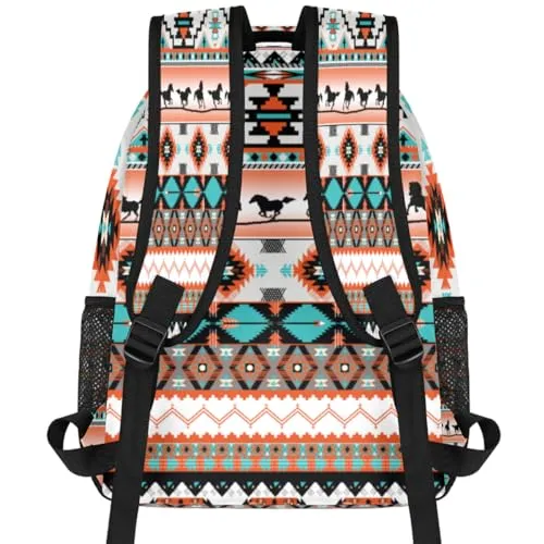 Aztec Backpack for School, Ethnic Western Style Running Horse Laptop Backpack Water Resistant Bookbag for Casual Travel Hiking Camping Outdoor Daypack Shoulder Bag for Teenager Boys Girls Kids