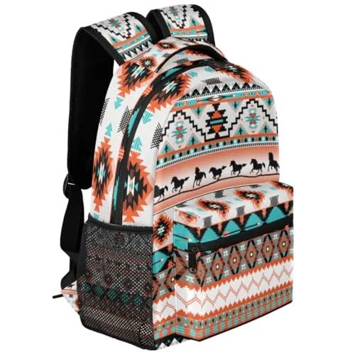 Aztec Backpack for School, Ethnic Western Style Running Horse Laptop Backpack Water Resistant Bookbag for Casual Travel Hiking Camping Outdoor Daypack Shoulder Bag for Teenager Boys Girls Kids