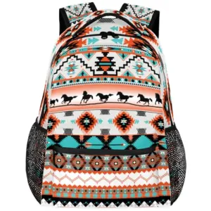 Aztec Backpack for School, Ethnic Western Style Running Horse Laptop Backpack Water Resistant Bookbag for Casual Travel Hiking Camping Outdoor Daypack Shoulder Bag for Teenager Boys Girls Kids