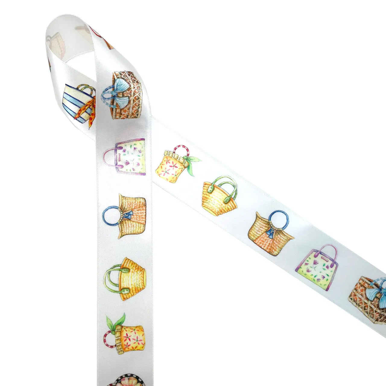 Beach Bag ribbon watercolor beach bags printed on 1.5" white grosgrain and Satin