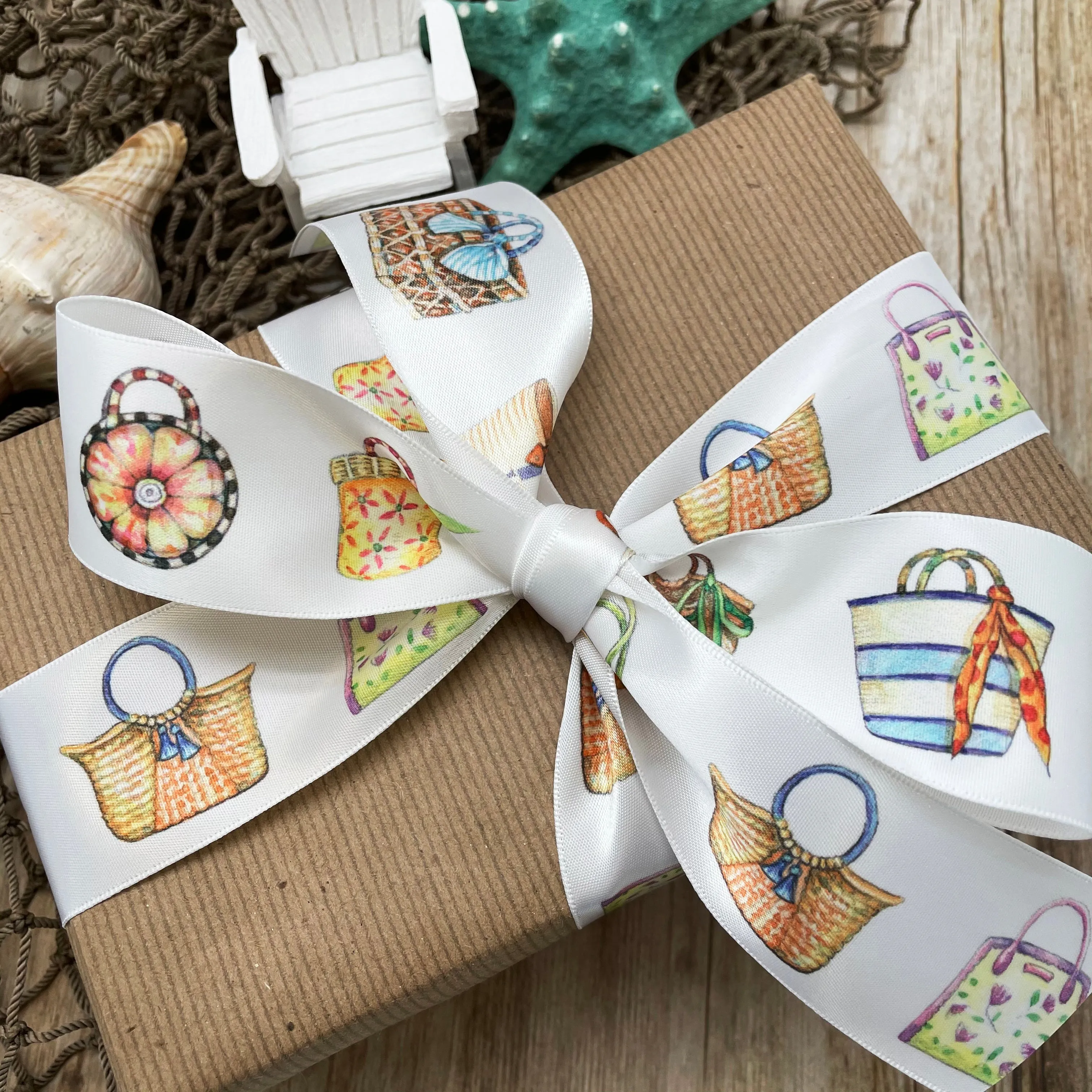 Beach Bag ribbon watercolor beach bags printed on 1.5" white grosgrain and Satin