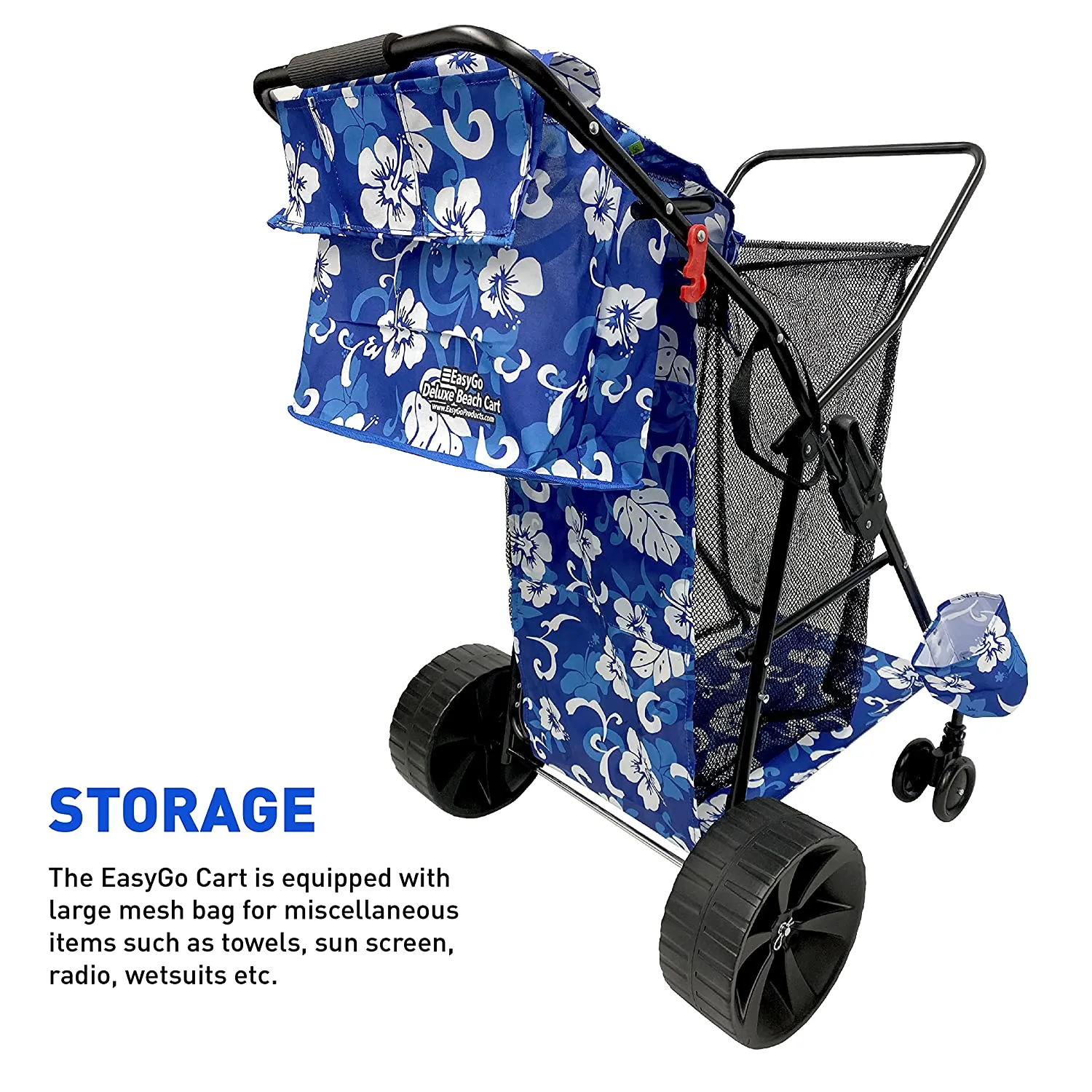 Beach cart Deluxe Flower Pattern EasyGo Beach Cart Deluxe–Heavy Duty Folding Design–Large Wheels for Sand–Holds 4 Beach Chairs–Storage Pouch–Beach Umbrella Holder–Removable Beach Bag-Flower Pattern