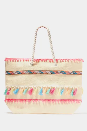 Beige Straw Tassel Beach Bag