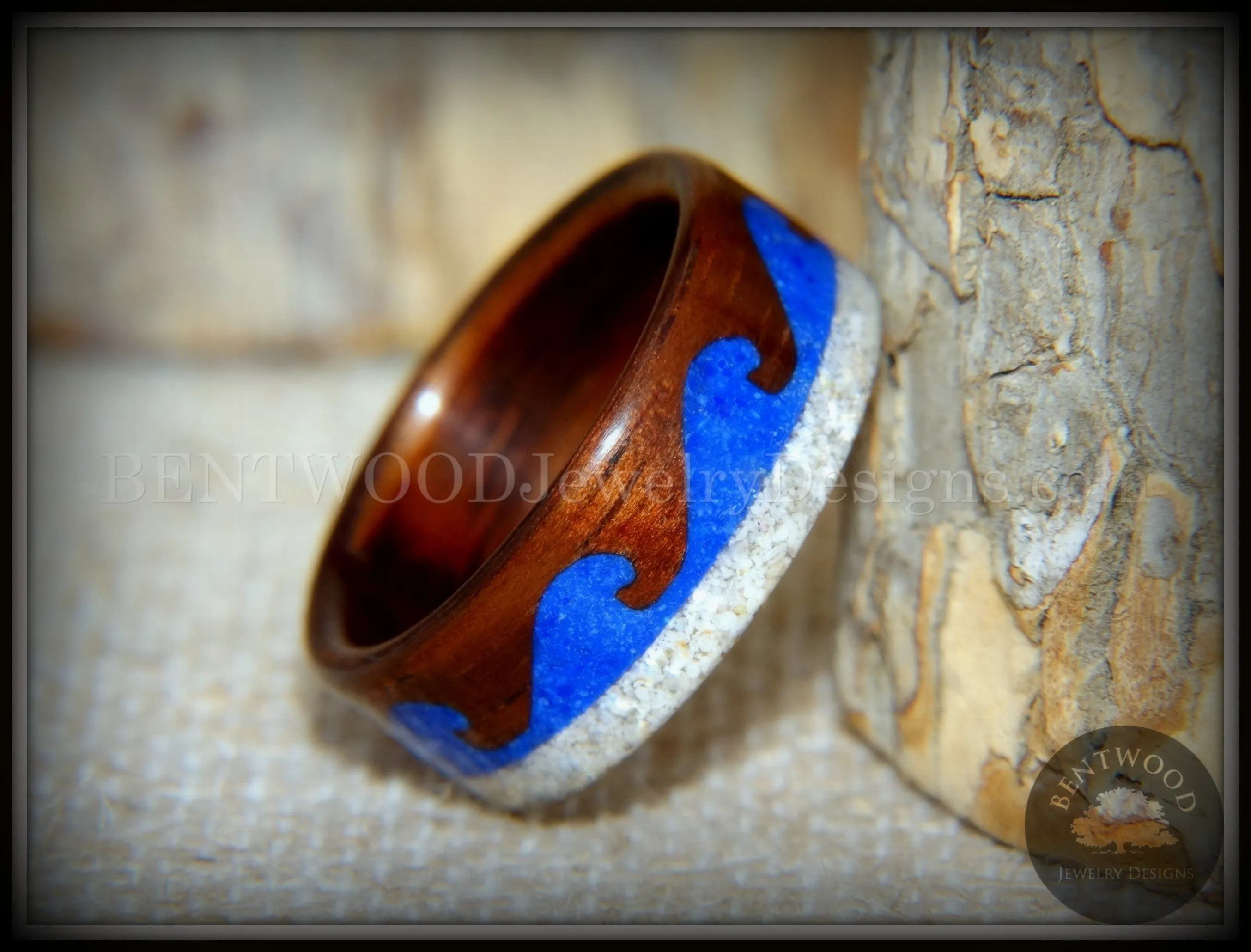 Bentwood Ring -  Beach Waves Koa, Blue Lapis & Beach Sand