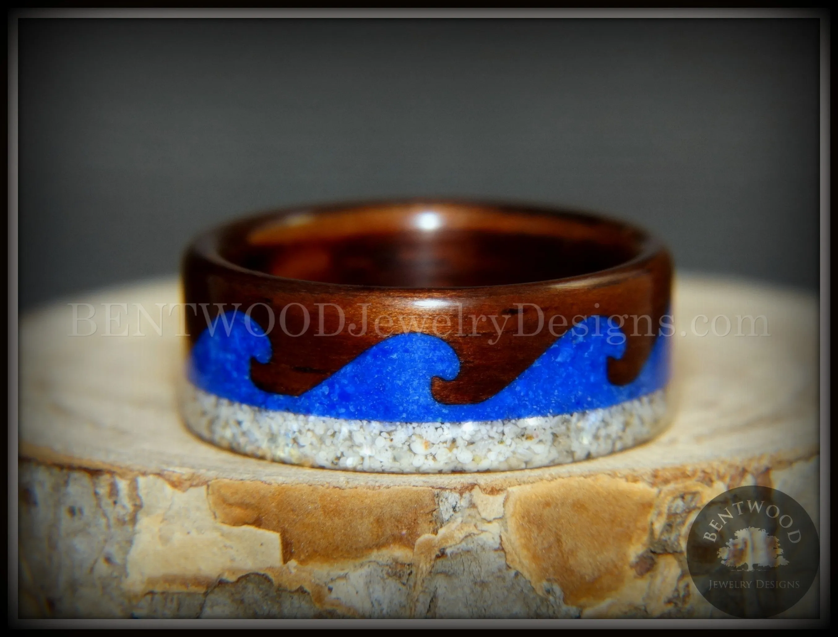 Bentwood Ring -  Beach Waves Koa, Blue Lapis & Beach Sand