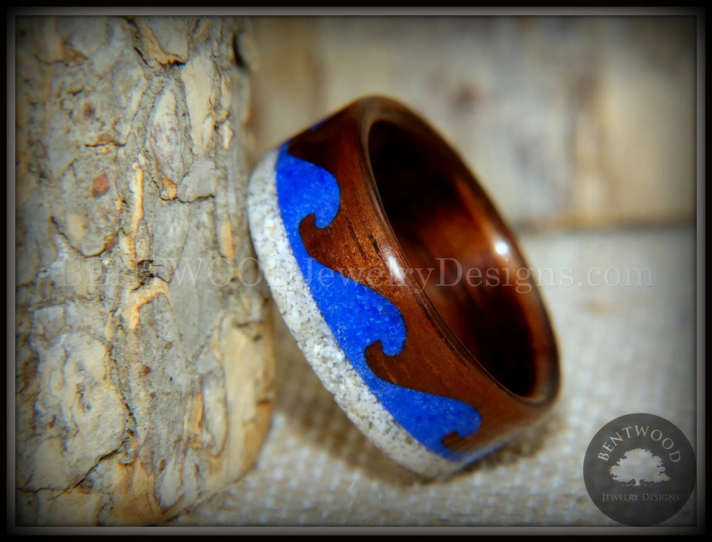 Bentwood Ring -  Beach Waves Koa, Blue Lapis & Beach Sand