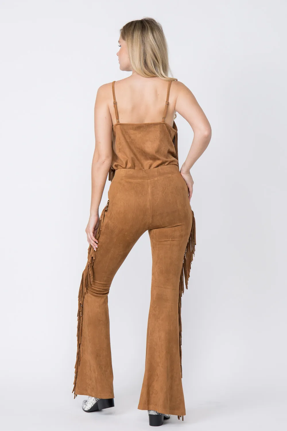 Camel Suede Bell Bottom Pants with Fringe Detail