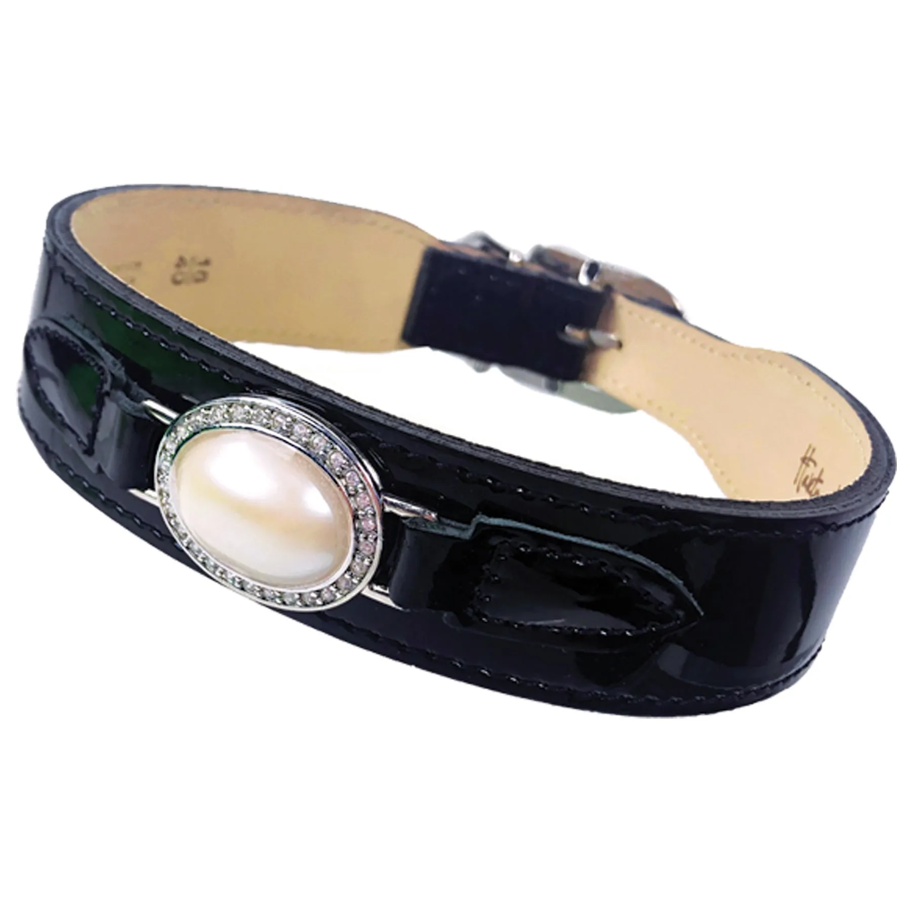 Estate Dog Collar in Black Patent, Cream Pearl & Nickel