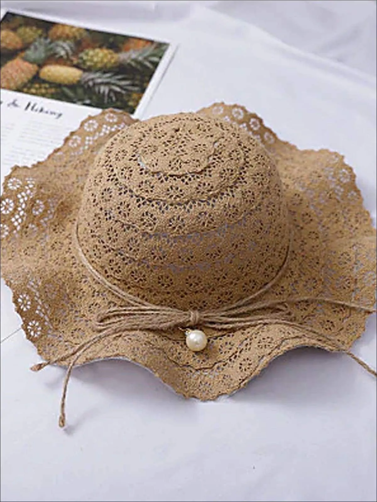 Girls Boho Floppy Straw Hat With Pearl Embellishment