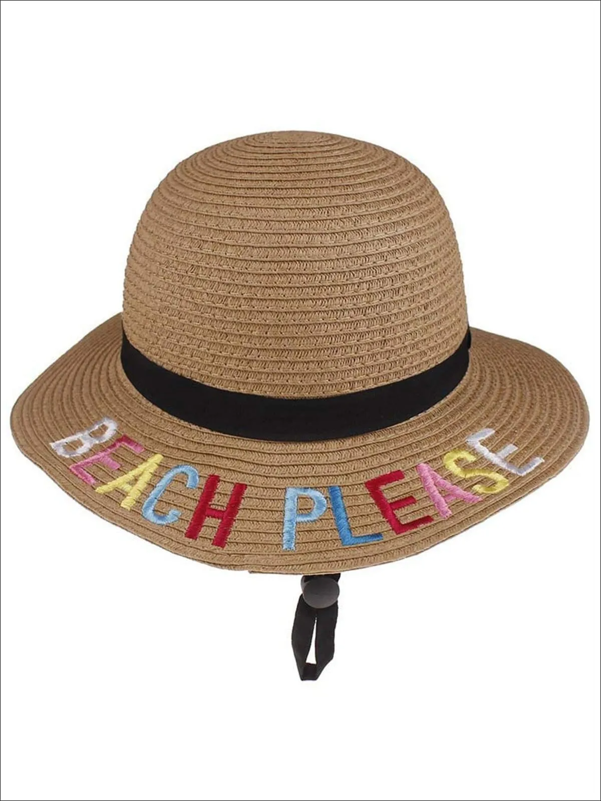 Girls Embroidered Saying Straw Hat With Strap