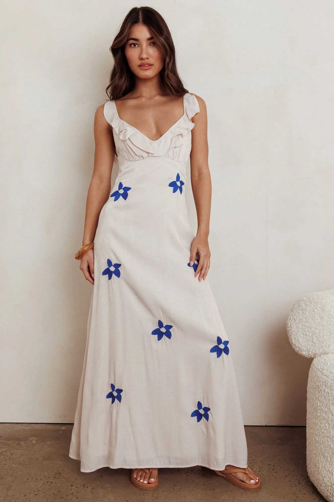 Hibiscus Ruffle A-line Maxi Dress Bone