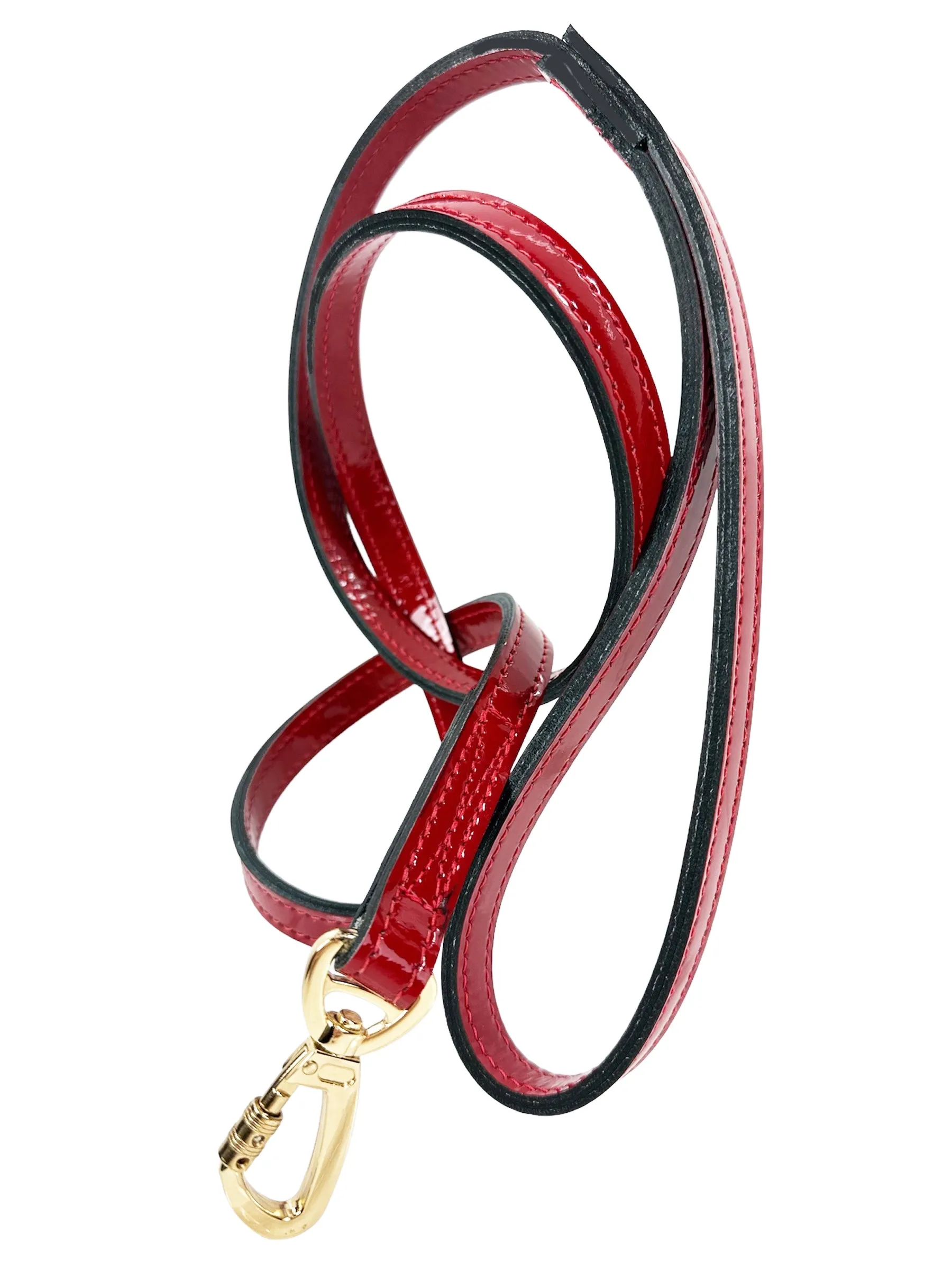 Italian Red Patent Leather Dog Leash in Gold