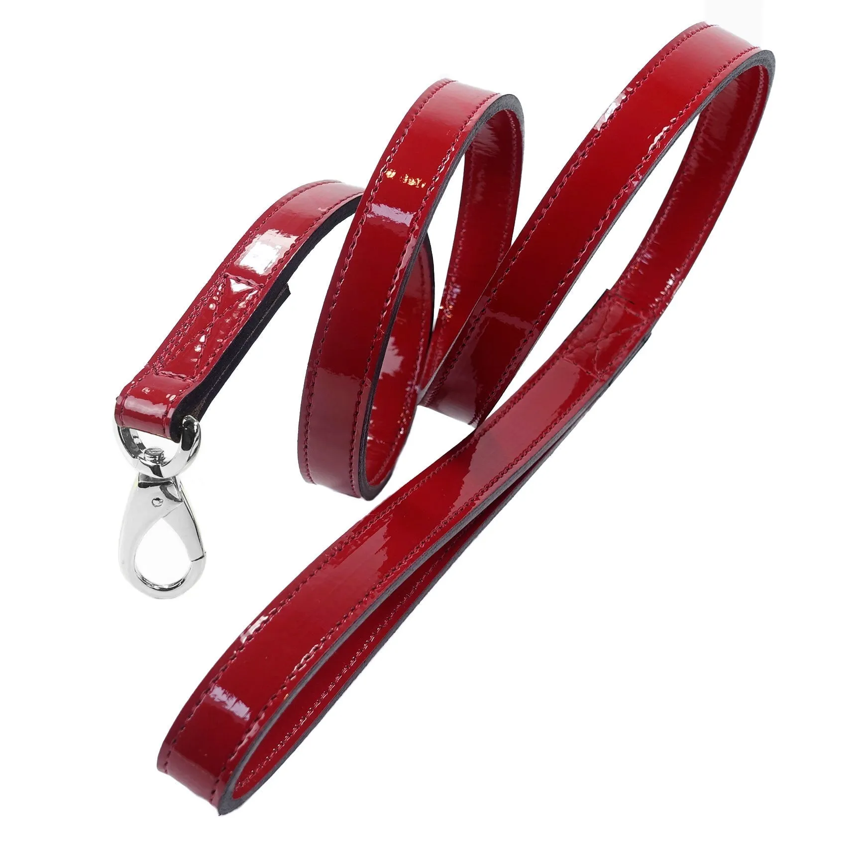 Italian Red Patent Leather Dog Leash in Nickel