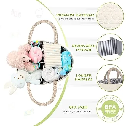 Large Cotton Rope Diaper Caddy – Portable Nursery Organizer with Removable Divider