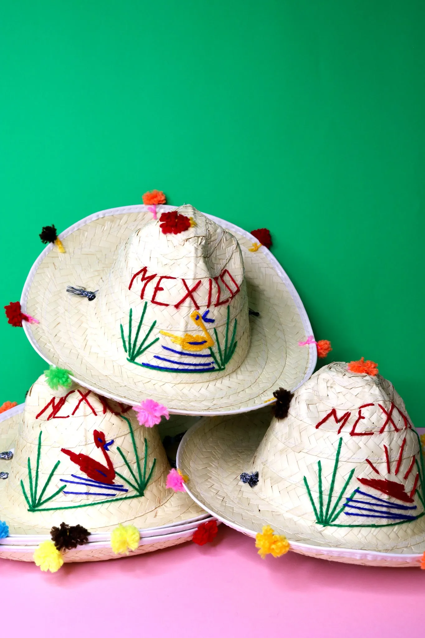 Mexican Straw Hat Pom Pom Sombrero