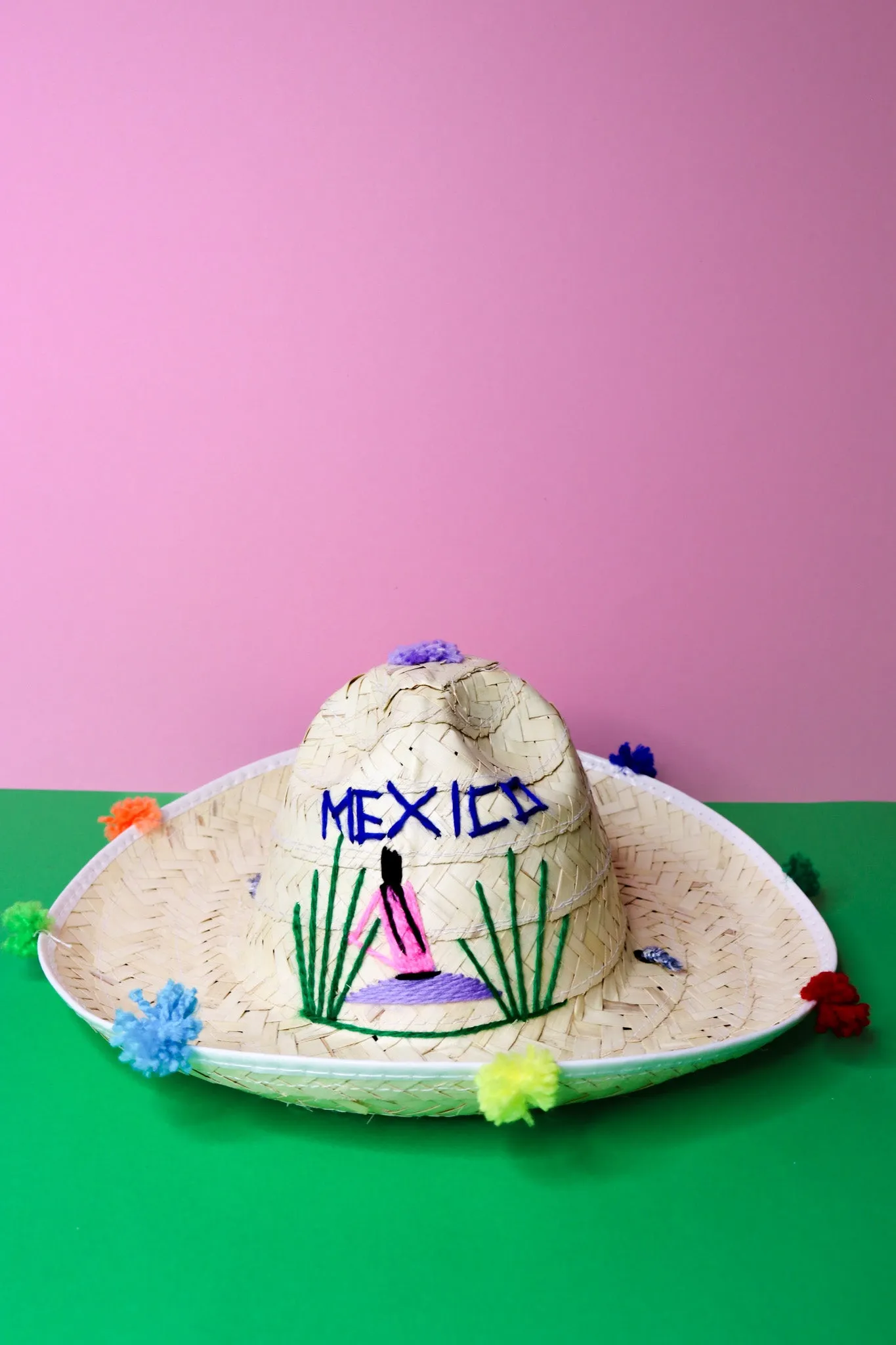 Mexican Straw Hat Pom Pom Sombrero