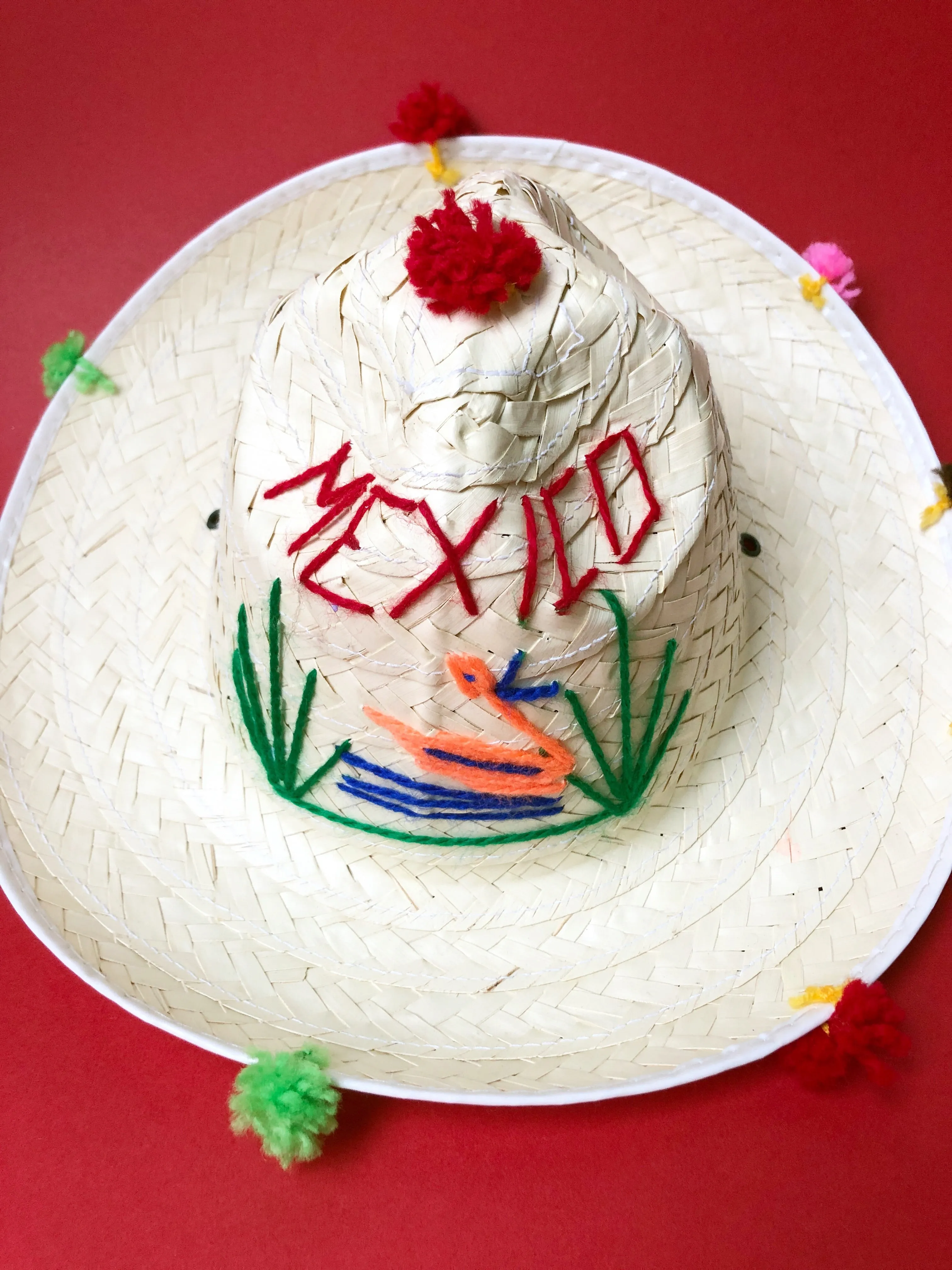 Mexican Straw Hat Pom Pom Sombrero