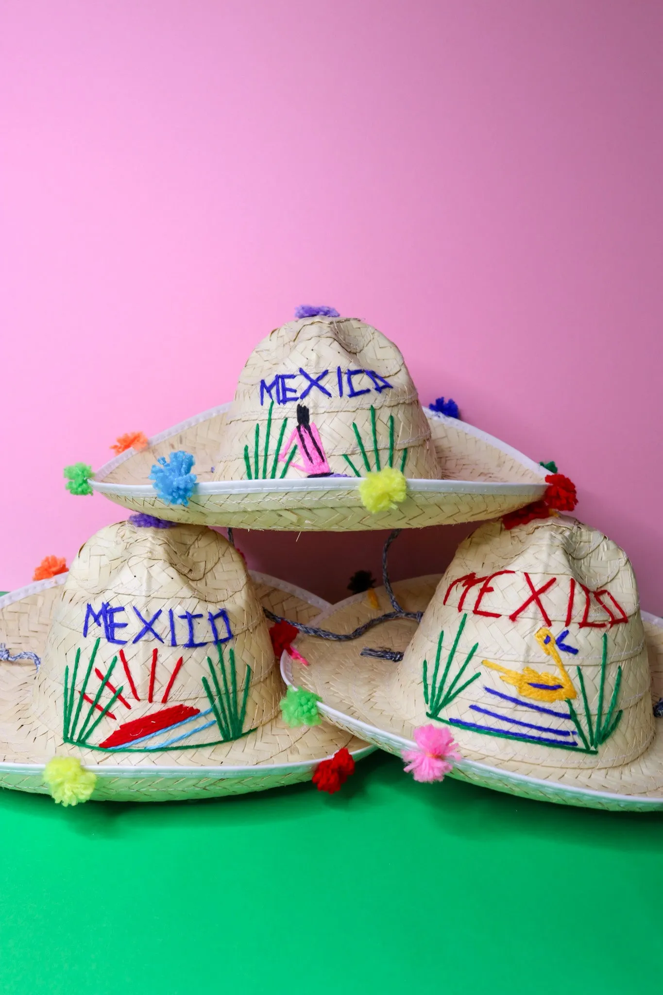 Mexican Straw Hat Pom Pom Sombrero