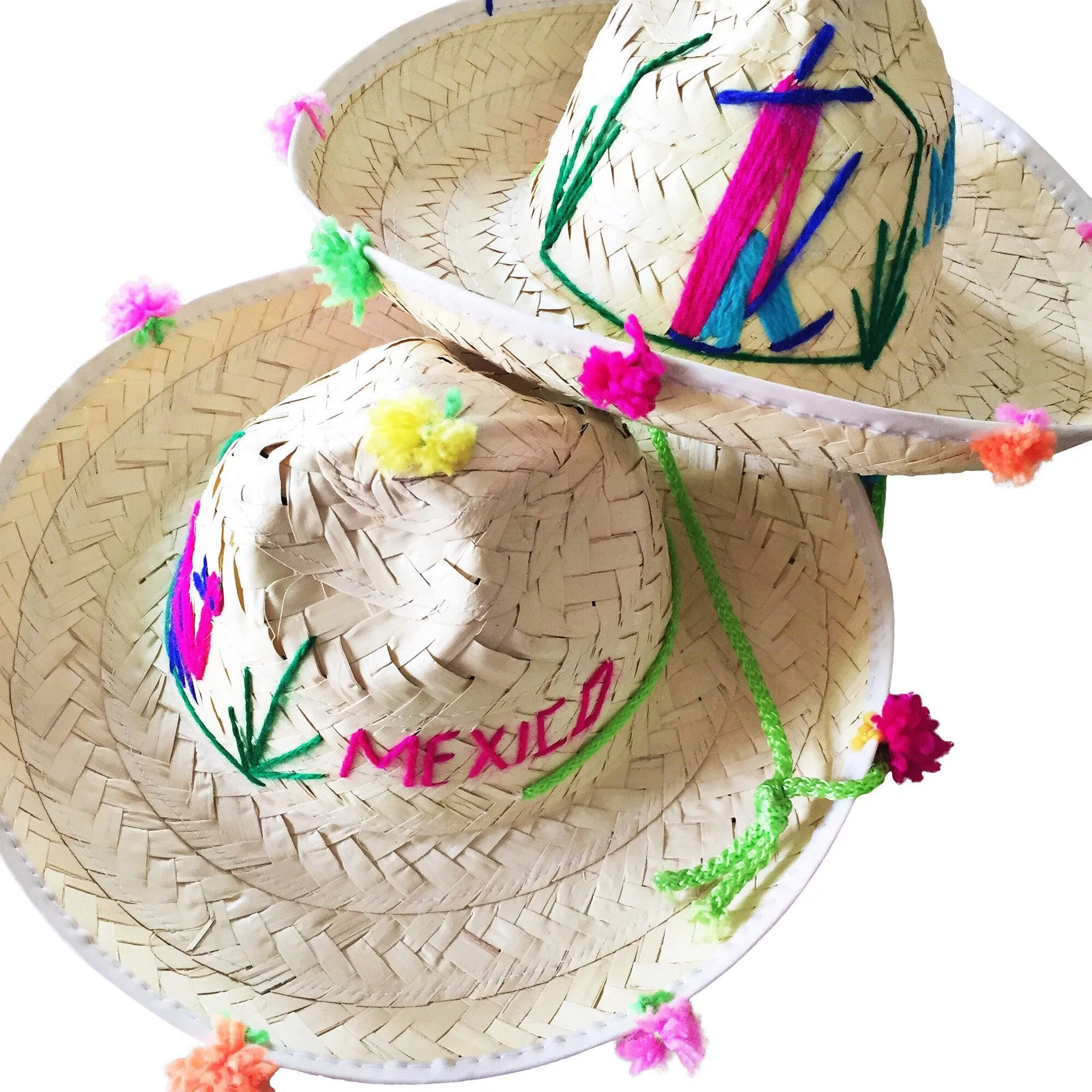 Mexican Straw Hat Pom Pom Sombrero