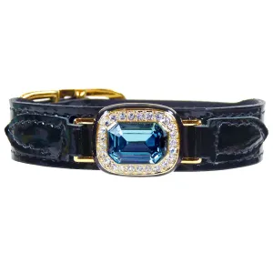 Octagon Dog Collar in Black Patent, Aquamarine & Gold