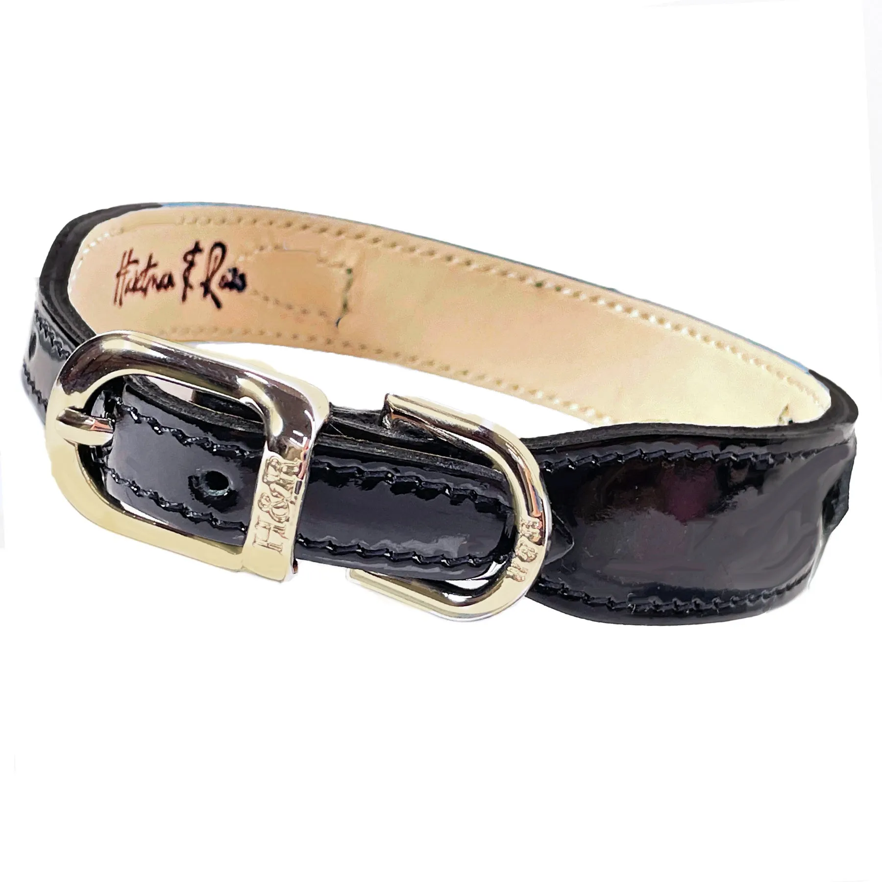 Octagon Dog Collar in Black Patent, Indian Sapphire & Gold