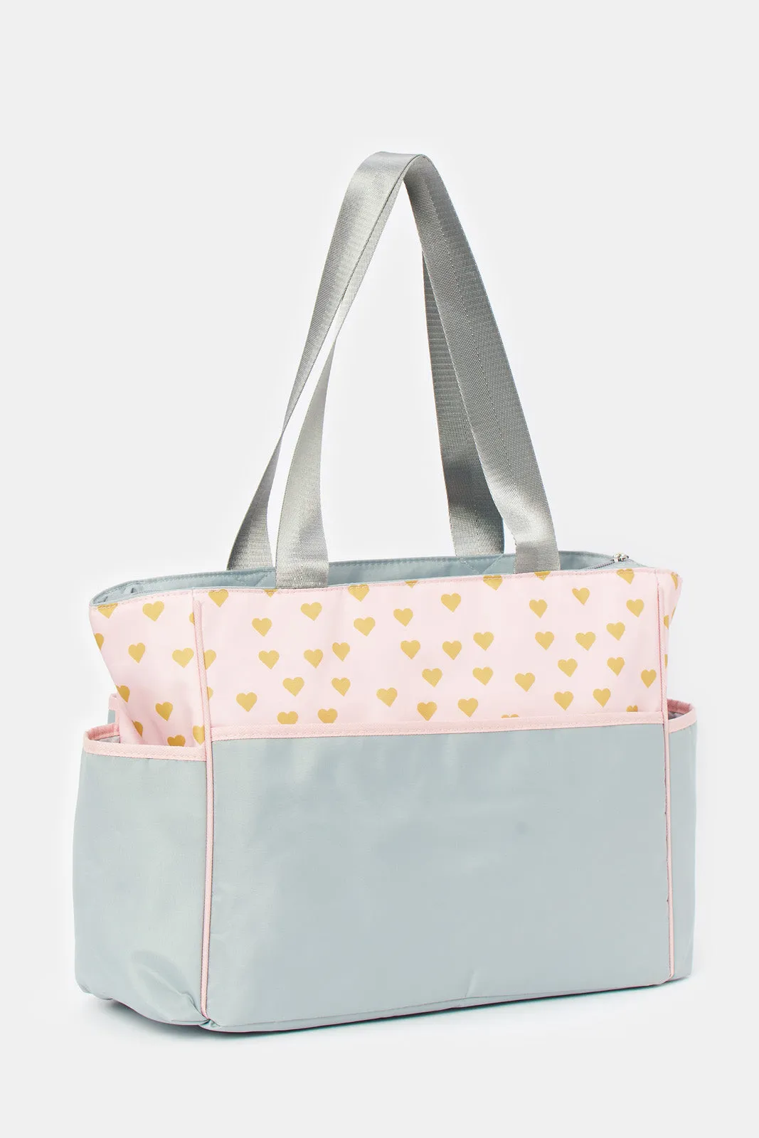 Pink And Grey Diaper Bag With Bottle Holder (2 Piece)