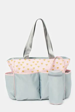 Pink And Grey Diaper Bag With Bottle Holder (2 Piece)