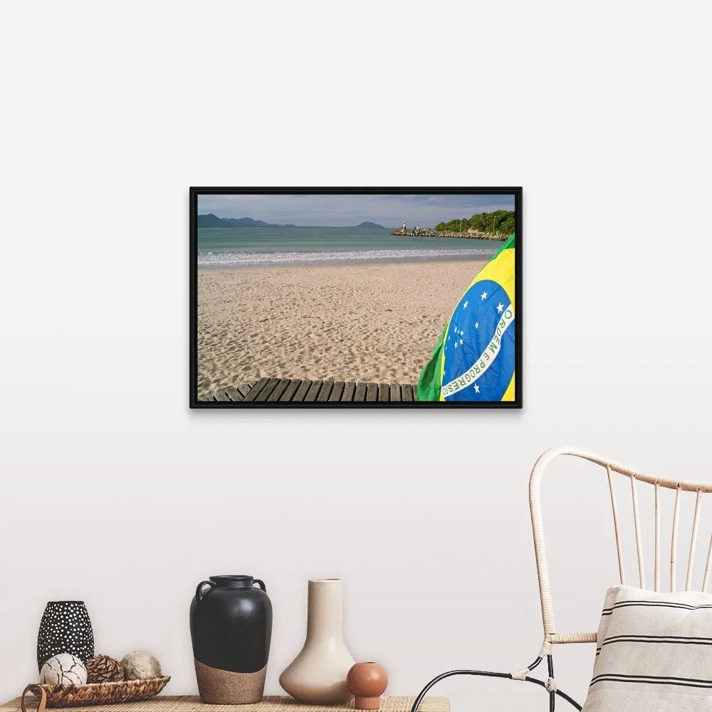 "Brazil flag on beach" Black Float Frame Canvas Art