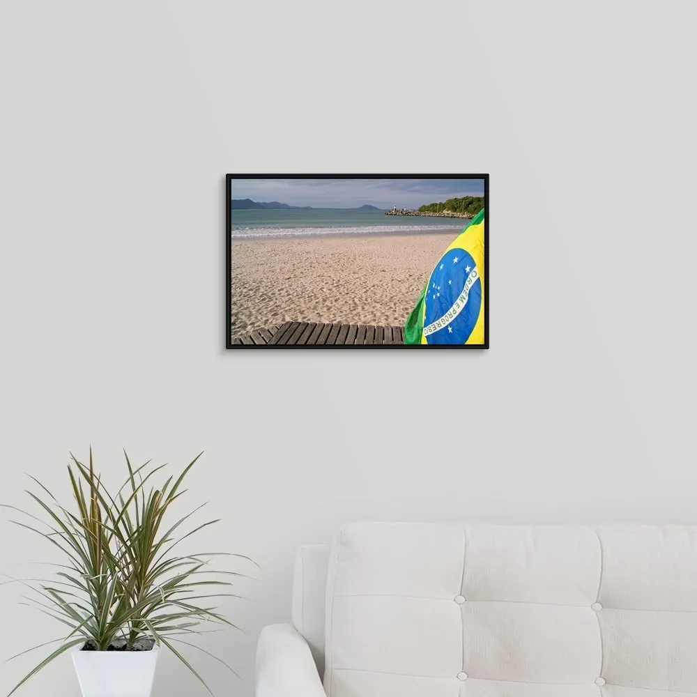 "Brazil flag on beach" Black Float Frame Canvas Art