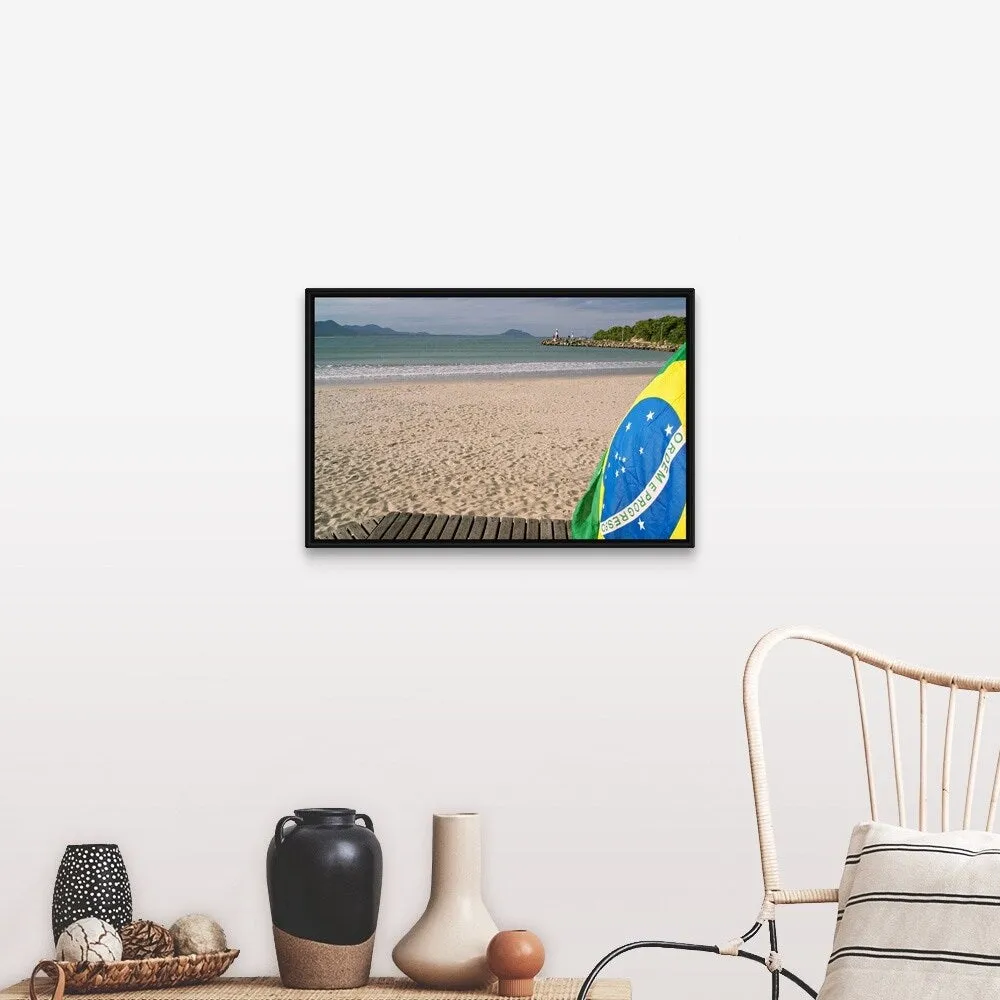 "Brazil flag on beach" Black Float Frame Canvas Art