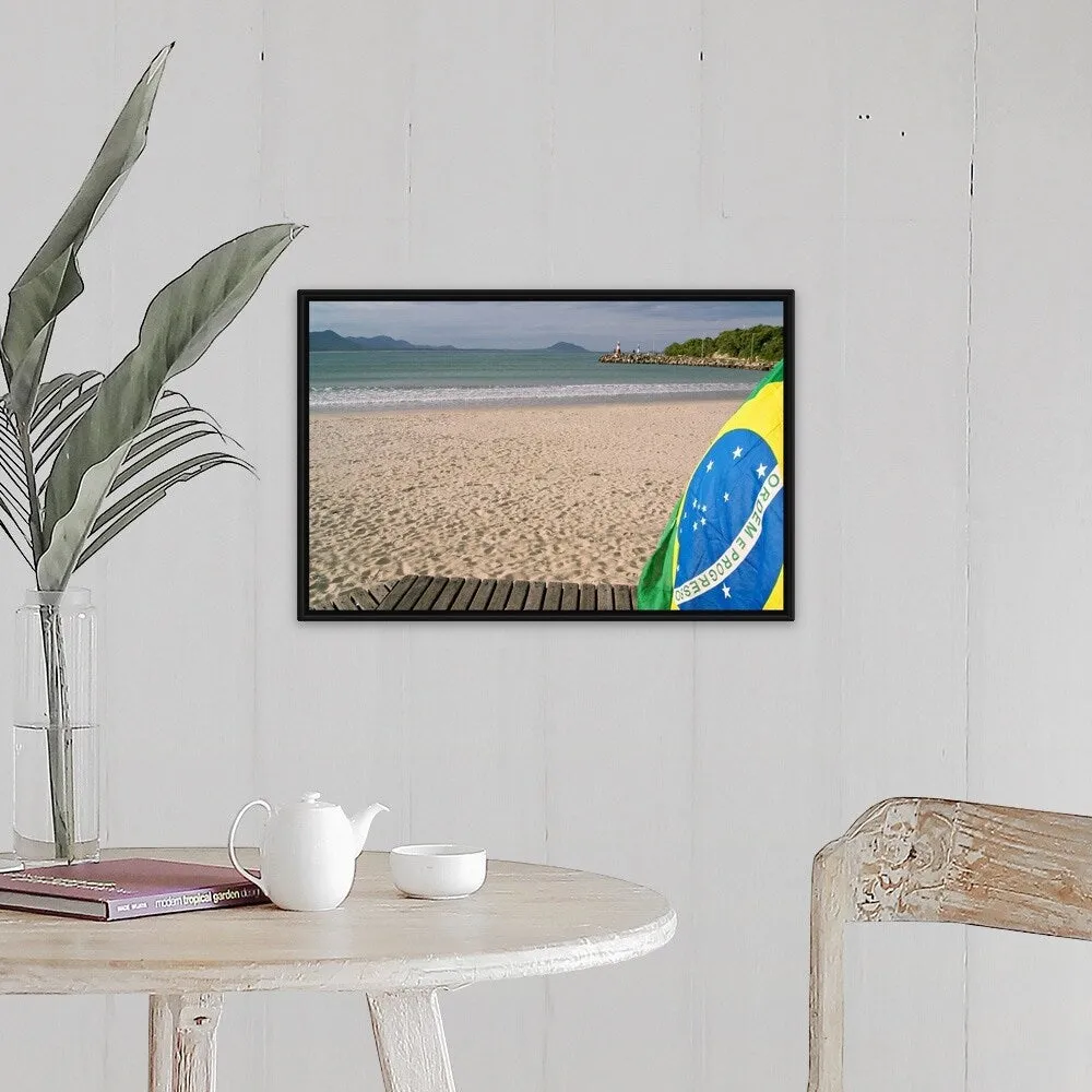 "Brazil flag on beach" Black Float Frame Canvas Art