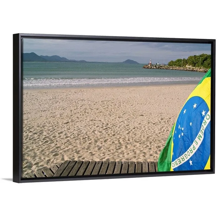 "Brazil flag on beach" Black Float Frame Canvas Art