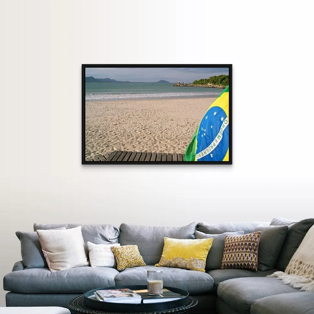 "Brazil flag on beach" Black Float Frame Canvas Art