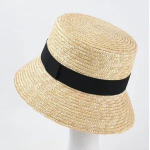 Straw Bucket Hat With Classic Black Ribbon