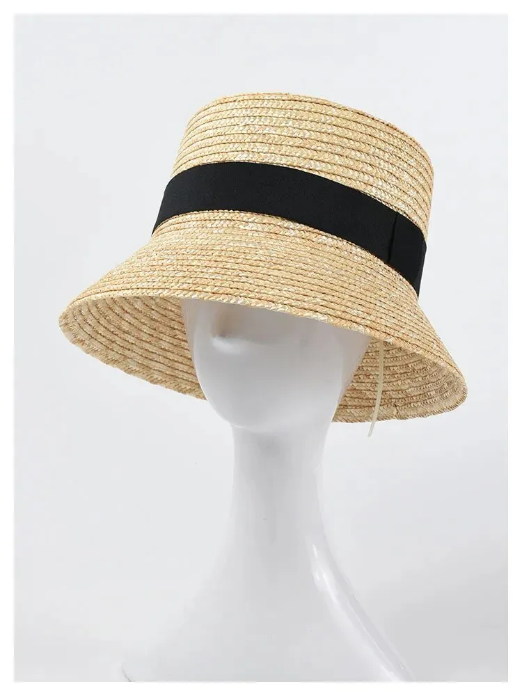 Straw Bucket Hat With Classic Black Ribbon