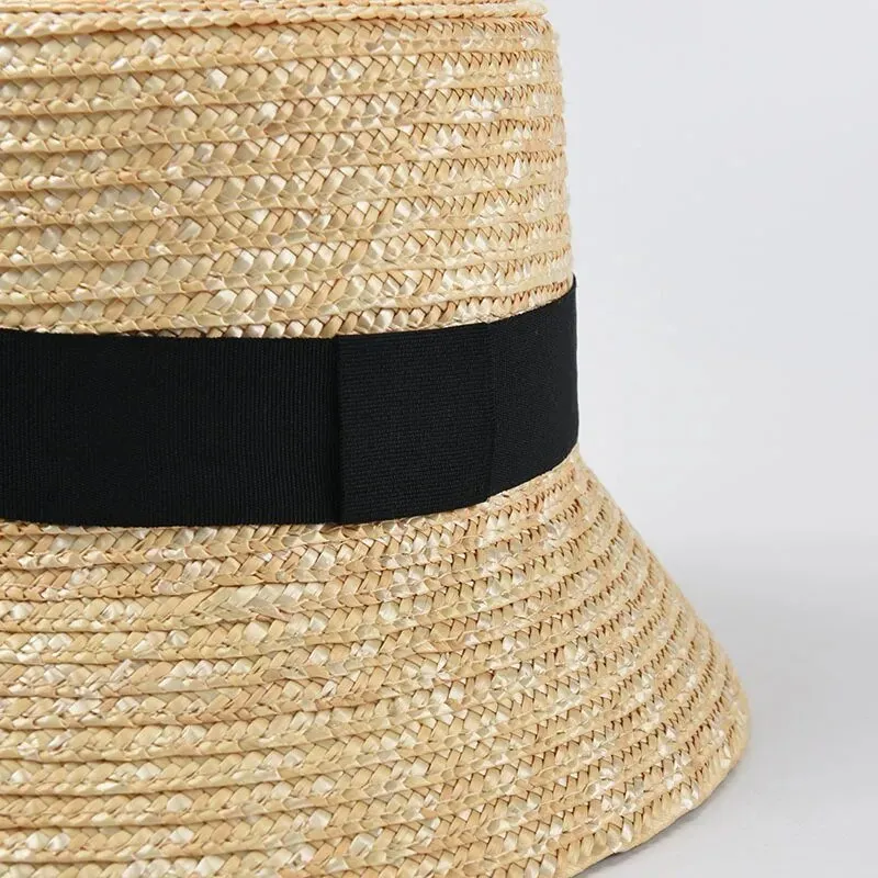 Straw Bucket Hat With Classic Black Ribbon