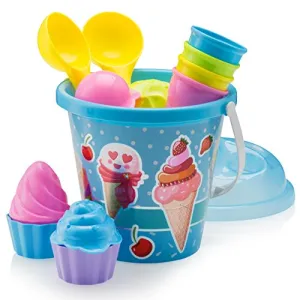 Top Race Beach Toys Set With Large 9" Bucket Pail Shovels for Kids Blue