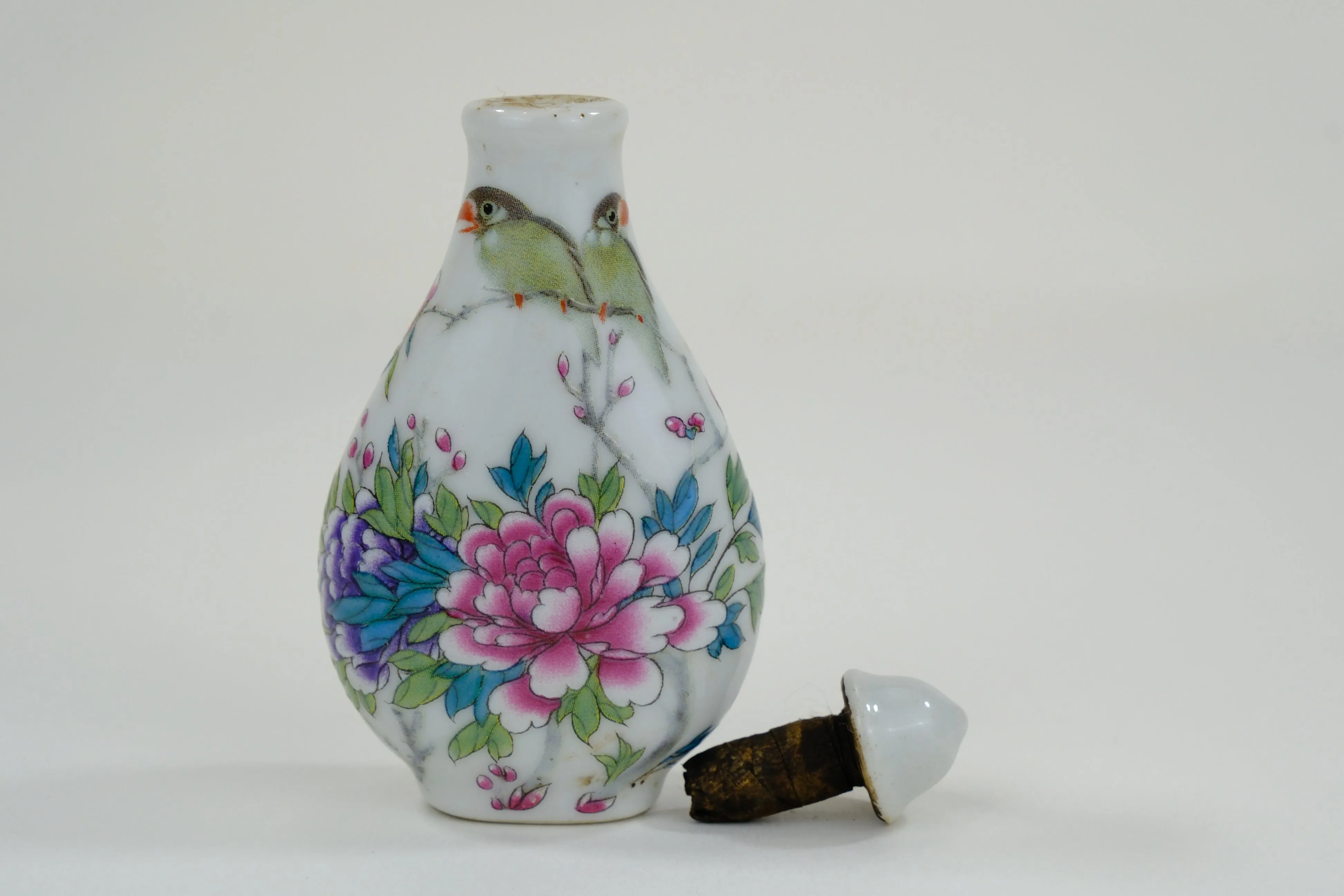 Vintage Chinese Ceramic Snuff Bottle w/ Peonies & Finches 3.25"