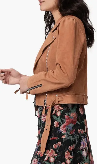 Women's Tan Brown Belted Suede Leather Biker Jacket